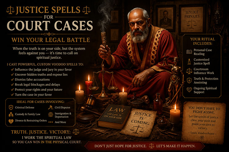 Louis Voodoo Priest performing justice ritual with candle and legal papers